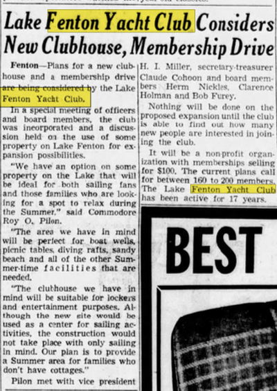 Bay Port Resort (Fenton Yacht Club) - Mar 26 1953 Article (newer photo)